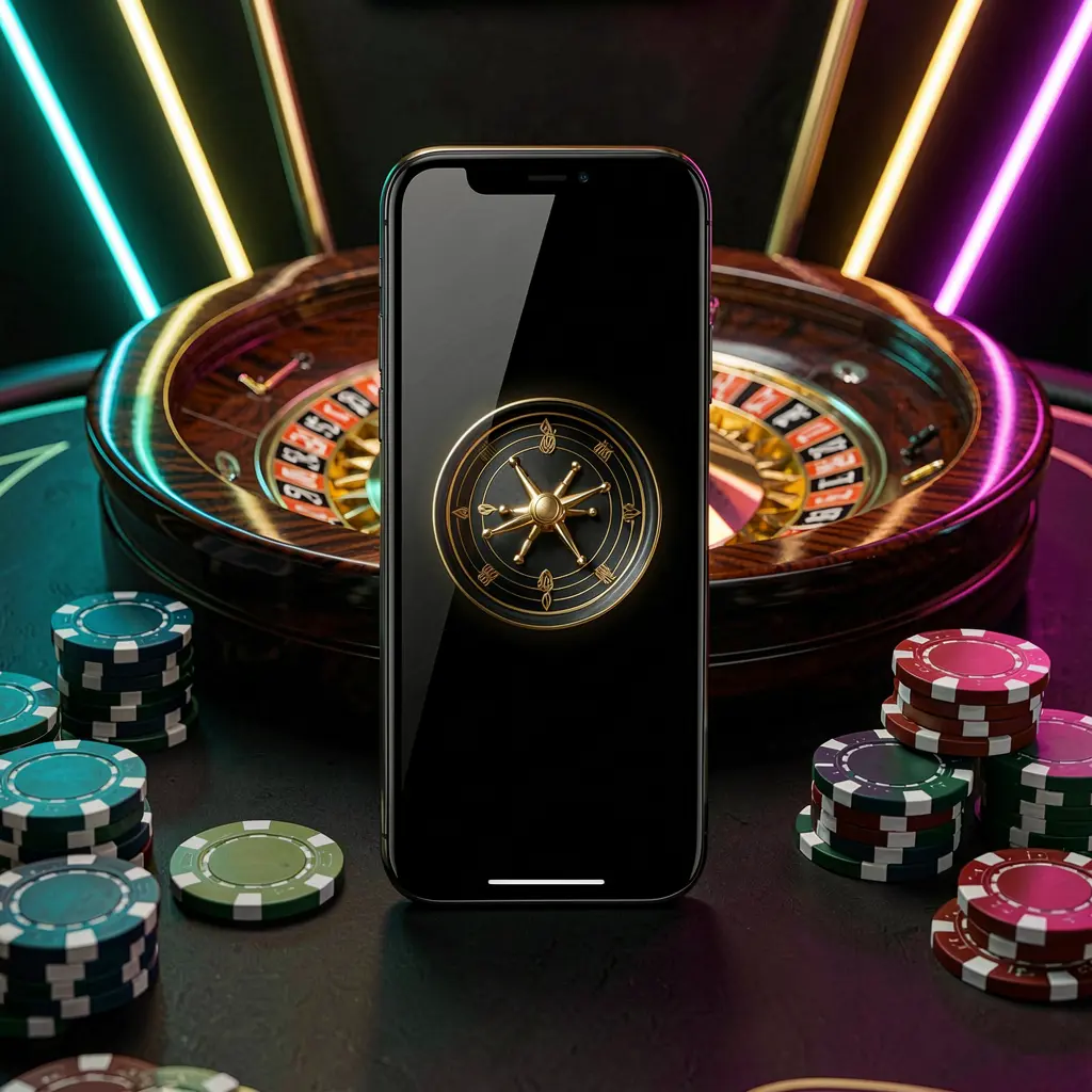 Adegan aplikasi kasino seluler APK116 yang menampilkan ponsel di tengah dengan roda rolet dan chip poker di latar belakang yang diterangi lampu neon bercahaya dalam gaya hitam dan emas premium Adegan aplikasi kasino seluler APK116 yang menampilkan ponsel di tengah dengan roda rolet dan chip poker di latar belakang yang diterangi lampu neon bercahaya dalam gaya hitam dan emas premium
