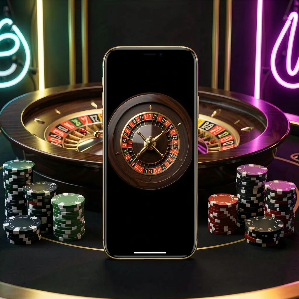 Adegan aplikasi kasino seluler APK116 yang menampilkan ponsel di tengah dengan roda rolet dan chip poker di latar belakang, diterangi lampu neon bercahaya dalam gaya hitam dan emas premium Adegan aplikasi kasino seluler APK116 yang menampilkan ponsel di tengah dengan roda rolet dan chip poker di latar belakang, diterangi lampu neon bercahaya dalam gaya hitam dan emas premium