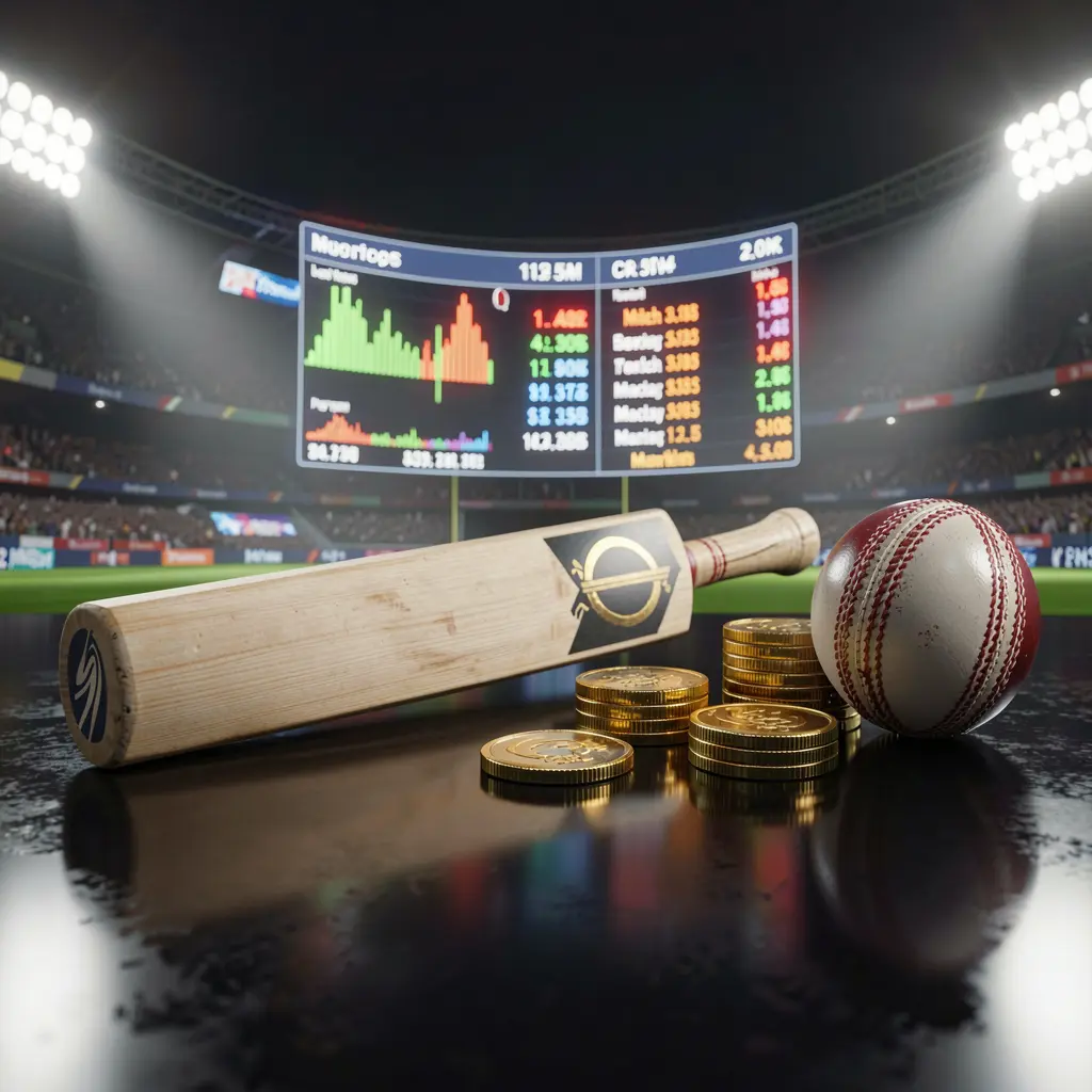 Gambar taruhan olahraga premium APK116 yang menampilkan tongkat kriket di atas permukaan gelap mengilap dengan bola kriket, koin emas, statistik pertandingan bercahaya, dan lampu stadion dalam render 3D realistis