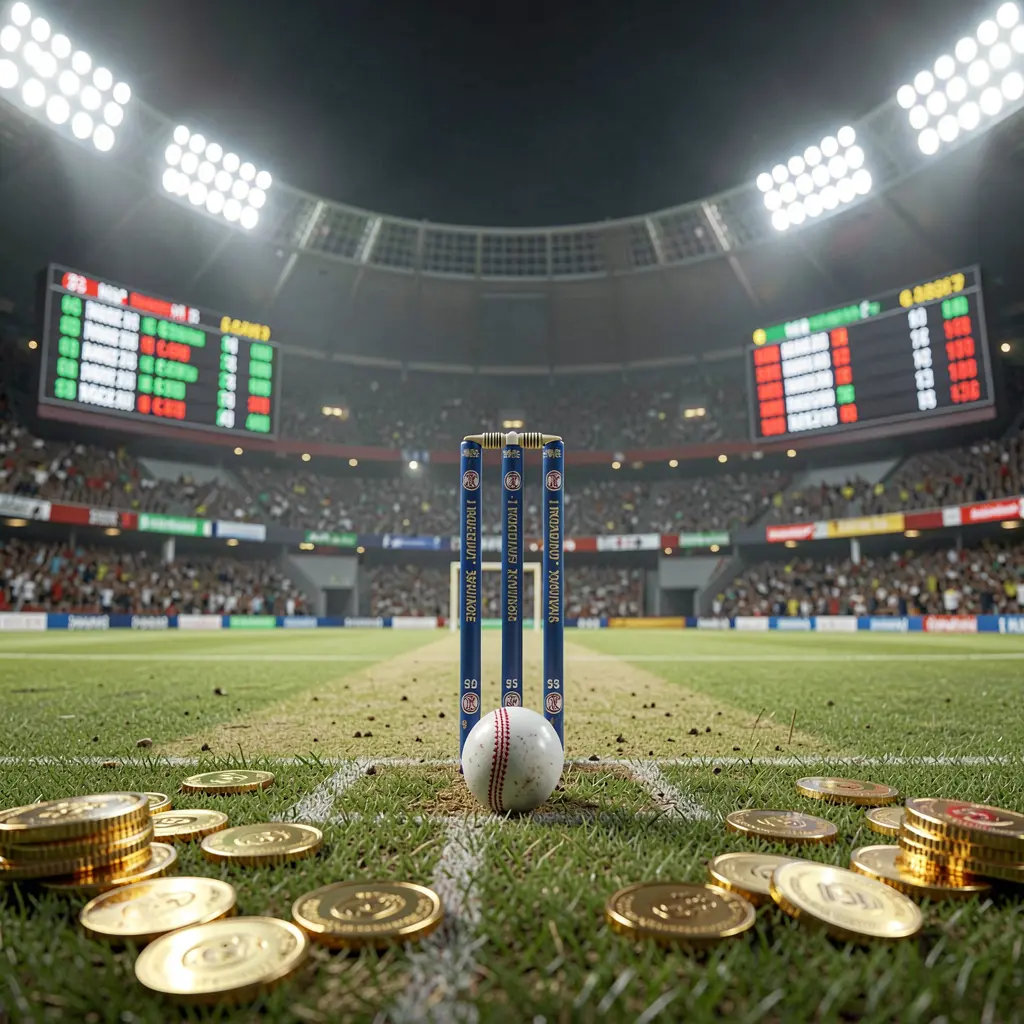 Adegan taruhan kriket langsung oleh APK116 yang menampilkan lapangan kriket di bawah lampu stadion terang dengan gawang, bola, koin emas, dan panel peluang bercahaya dalam render realistis sinematik