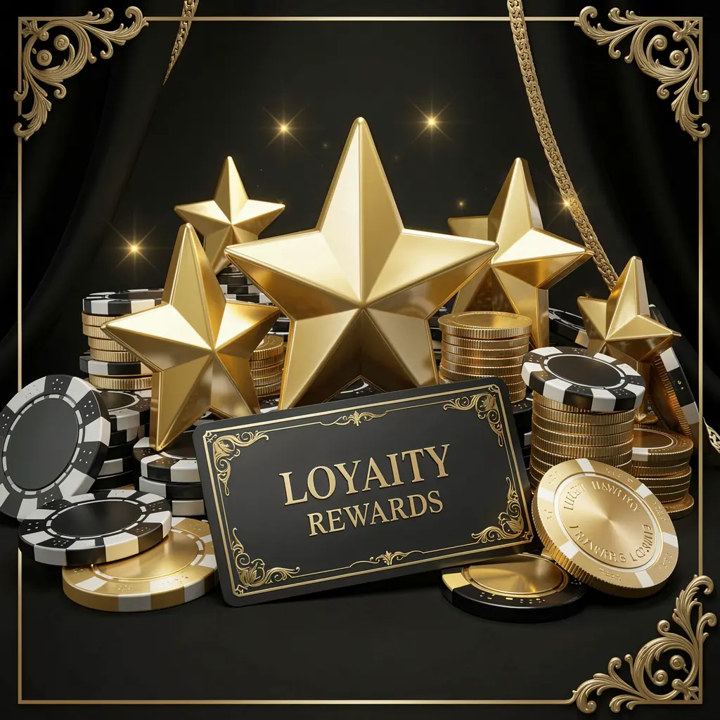 Gambar kasino hadiah loyalitas APK116 yang menampilkan bintang emas, chip poker, koin, dan kartu hadiah mewah dengan latar belakang hitam dan emas yang elegan dalam render 3D realistis