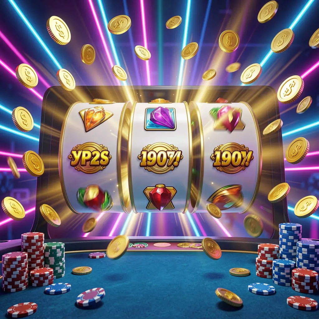 Konsep bonus putaran gratis kasino daring APK116 yang menampilkan gulungan mesin slot berwarna-warni berputar dengan efek cahaya emas, koin beterbangan, simbol jackpot, dan chip kasino pada latar belakang neon yang hidup dalam render 3D dinamis