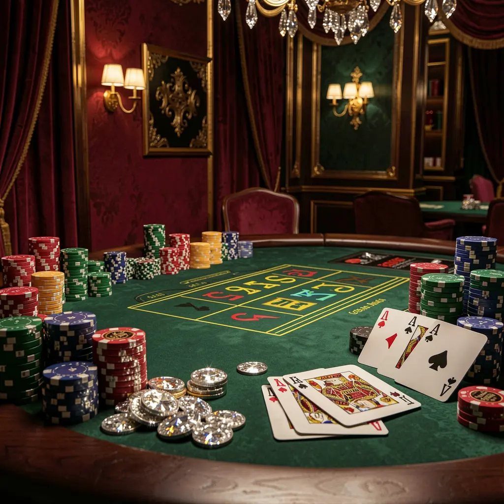 Adegan kasino mewah yang menampilkan meja blackjack dengan kartu poker, tumpukan chip, dan koin berkilau dengan latar belakang merah tua dan emas, menampilkan lingkungan permainan elegan merek APK116
