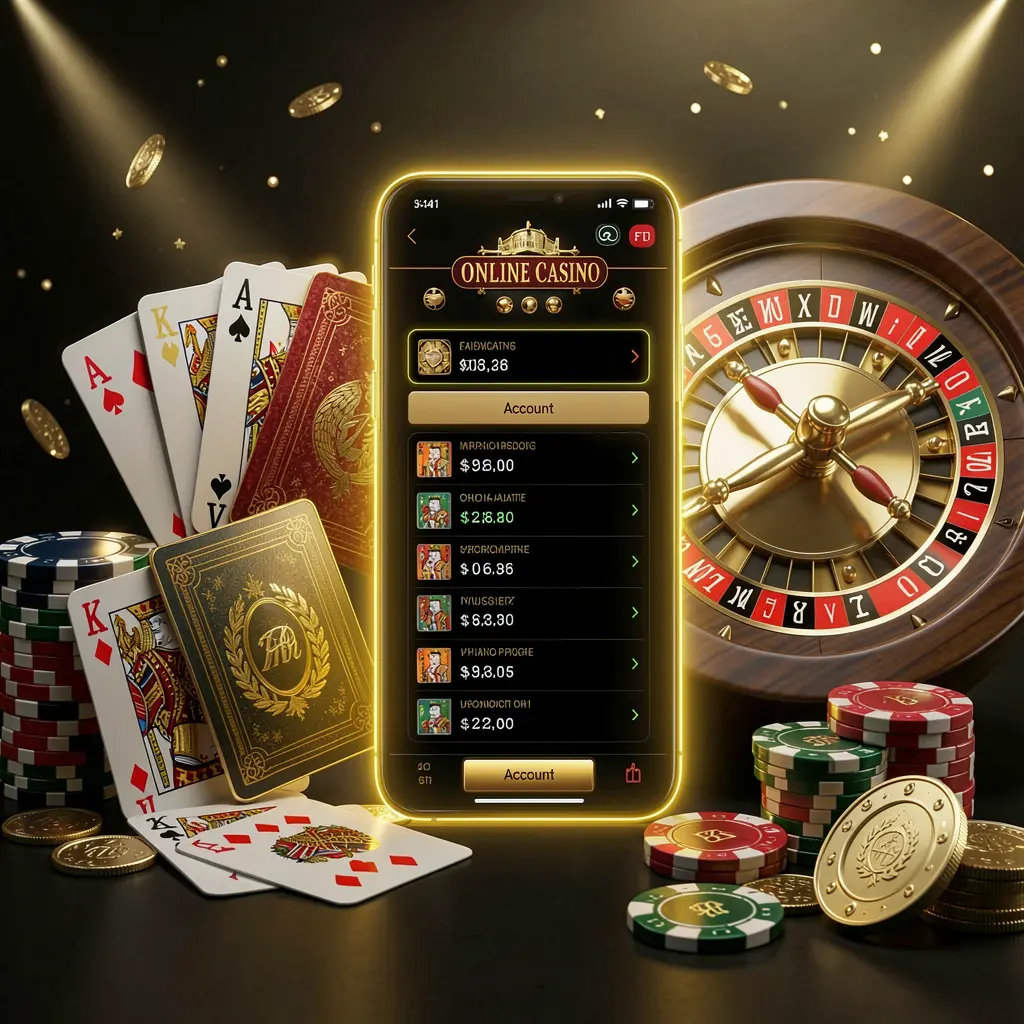 Portal akun kasino daring APK116 yang menampilkan ponsel pintar bercahaya dikelilingi kartu premium, chip, roda rolet, dan koin dengan latar belakang hitam dan emas serta pencahayaan sinematik dalam render 3D realistis