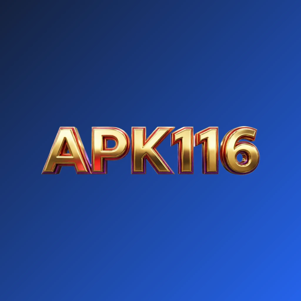 Logo APK116 premium cerah dengan tipografi huruf besar tebal dalam warna emas, merah, dan ungu yang hidup, hasil akhir metalik mengilap, dampak visual kuat, tanda kata persegi panjang horizontal pada latar belakang transparan