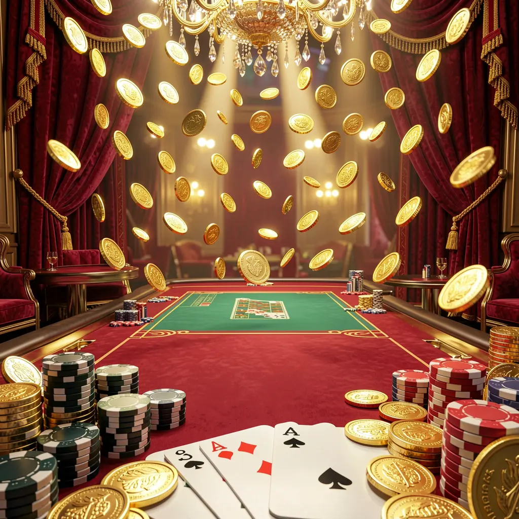 Banner beranda platform permainan daring APK116 dengan lampu kasino cerah, koin emas berjatuhan, chip poker dan kartu remi di latar depan, berlatar suasana mewah merah dan emas dalam render 3D berdetail tinggi